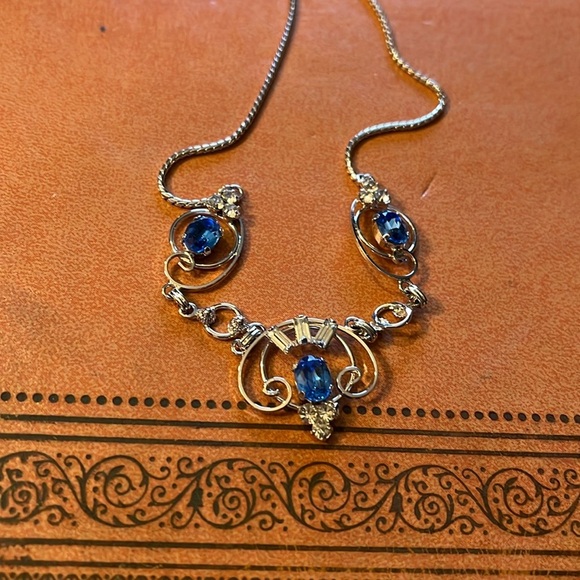 Vintage Loran Sim Sterling Blue Stone Necklace Art Deco Design - Picture 2 of 13
